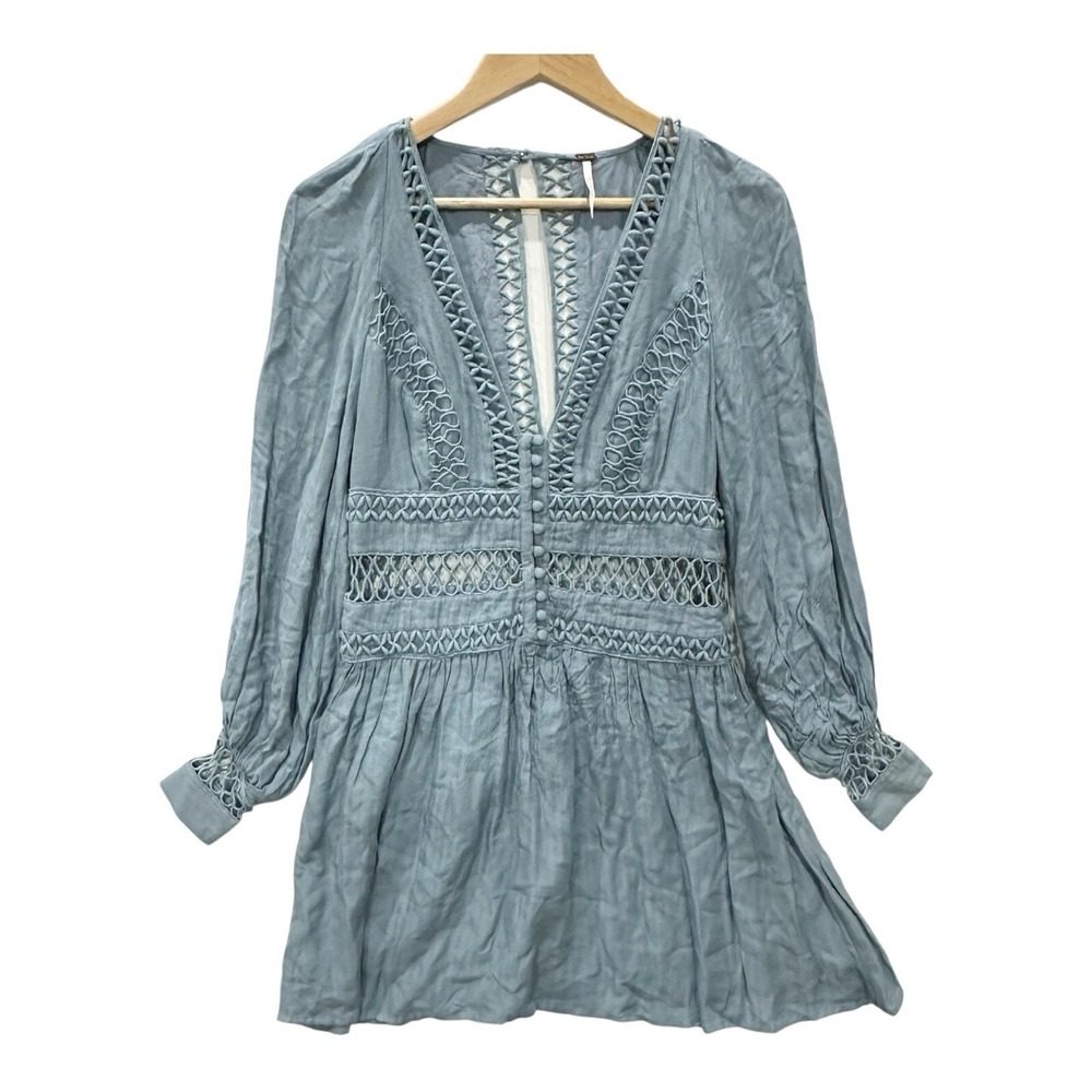 Free People I Think I Love You Blue Cutwork Crochet Insets Mini Dress Sz 4